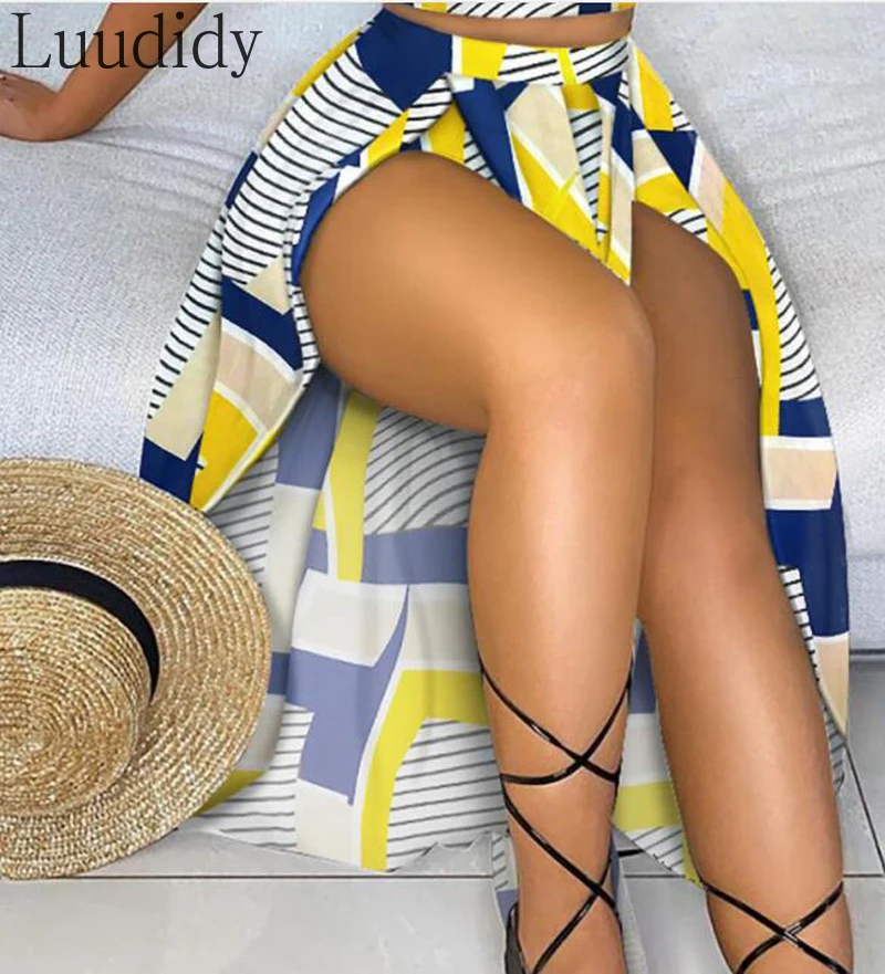 

Women Two-piece Set Casual Sleeveless V-neck Print Tops and Skirt Sets