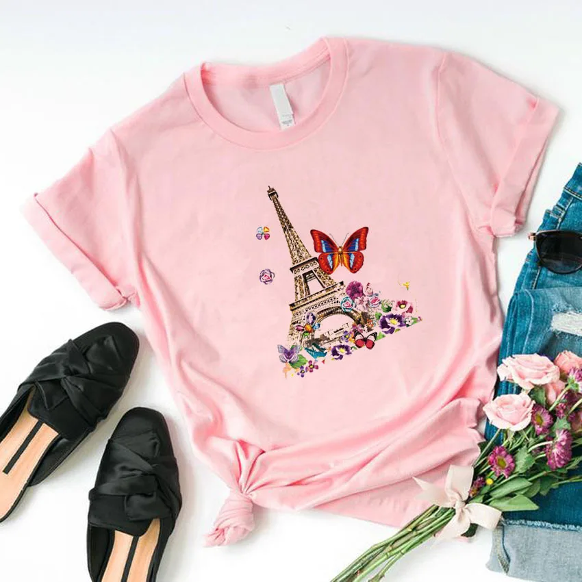 

New Style T-Shirt Beautiful Butterfly Eiffel Tower Printed T-shirt Casual Cotton Ladies Summer Short Sleeved Tees Top Clothing