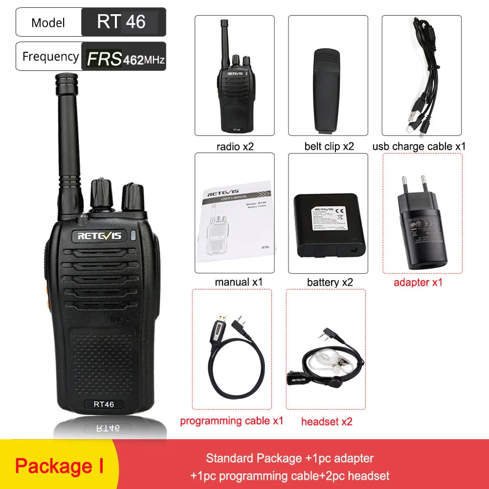 Package I Пара RETEVIS RT46 Walkie Talkie PMR радио PMR446/FRS Портативное двухстороннее радио VOX Micro-usb зарядка Li-Ion(или AA) батарея - Цвет: Package I