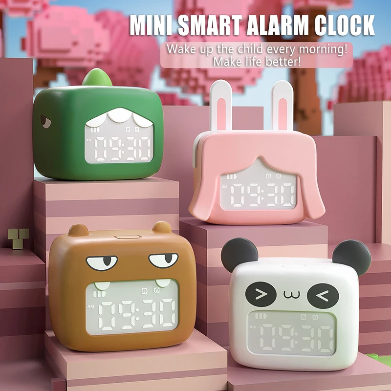 

Mini Smart Alarm Clock Cartoon Cute LED Digital Clock USB Charging Sleeping Clock Children Students Desktop Decoration Display