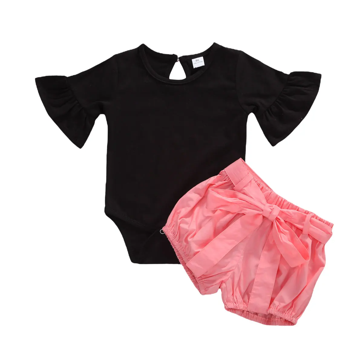

Летний милый черный комбинезон с круглым вырезом и расклешенными рукавами для маленьких девочек + розовые шорты комплект из 2 предметов оде...