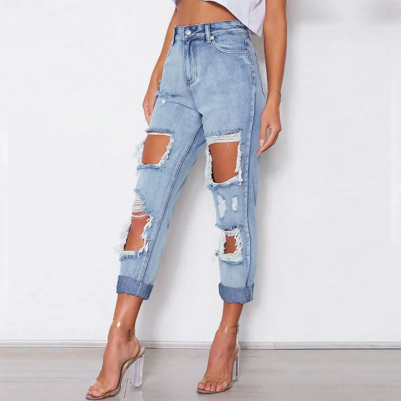 

2020 Spring Women Casual Denim Big Holes Jeans Woman Summer High Waist Jeans Irregular Hole Ripped Jeans for Women