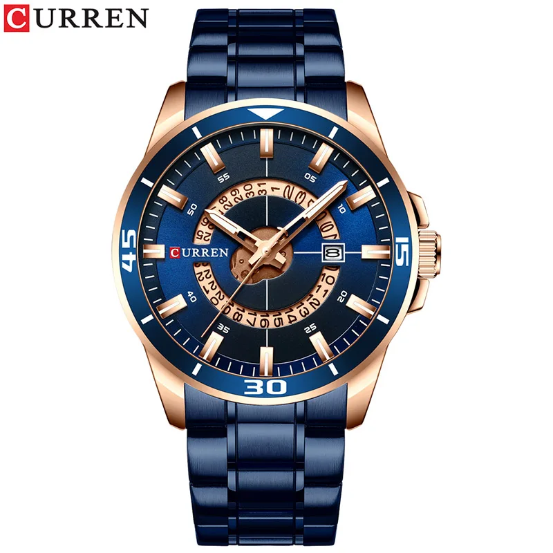 Rose Blue CURREN Роскошные брендовые большие спортивные кварцевые часы для мужчин с автоматическим хронографом и датой, модные мужские наручные часы из нержавеющей стали - Цвет: Rose Blue