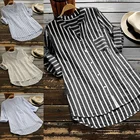 Женская блузка в полоску, из хлопка и льна, с рукавами размера плюс и V-образным вырезом, 34