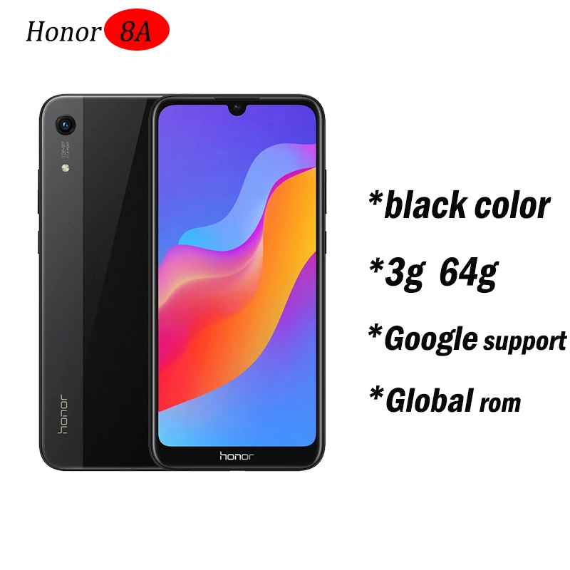 3g64 black globalrom Новое поступление,, Honor 8A, 6,09 дюйма, MTK6765, Android 9,0, 8.0MP+ 13.0MP камера, 3020 мАч, разблокировка лица - Цвет: 3g64 black globalrom