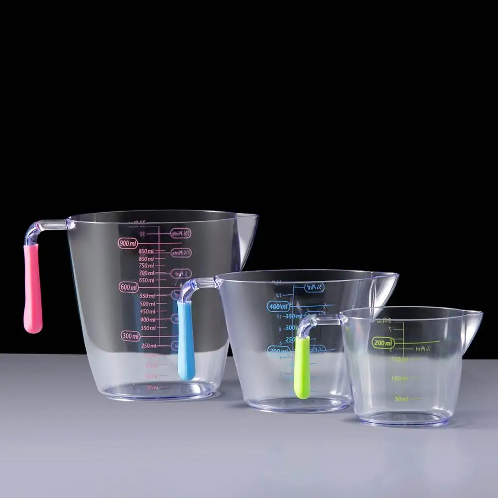 

Набор пластиковых мерных чашек, 3 шт., прозрачная кружка, излив, кухонные инструменты для выпечки, 200 мл, 400 мл, 900 мл