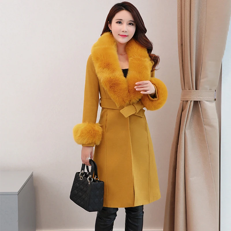 

Fur Collar Woolen Coat Autumn Winter Women's Slim Solid covered button Ladies Long Cashmere Jacket with Belt Elegant Female