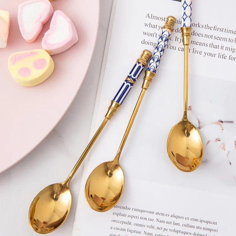 

Stainless Steel Coffee Ceramic Long Handle Stirring Gold-Plated Dessert Spoon
