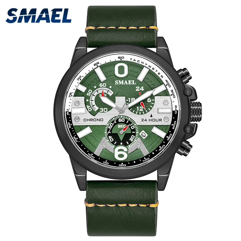 

New SMAEL Fashion Men Military Sports Watches Male Clock Waterproof Leather Strap Calendar Quartz Wristwatches mannen horloge