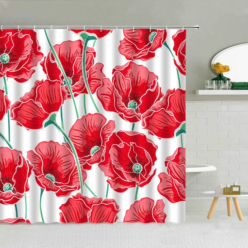 Занавеска для душа с красным маком картина маслом растения зеленые листья Ретро