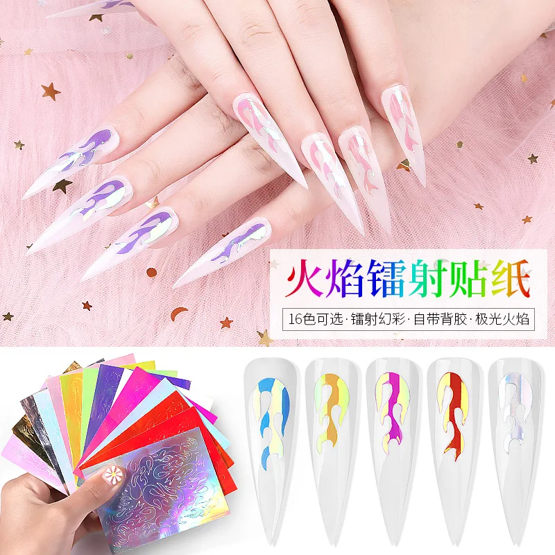 

16PCS Holographic Flame Nail Art Sticker Thin Laser Stripe Sticker Leaf Self Adhesive Decal DIY Foil Fire Stickers Decoration