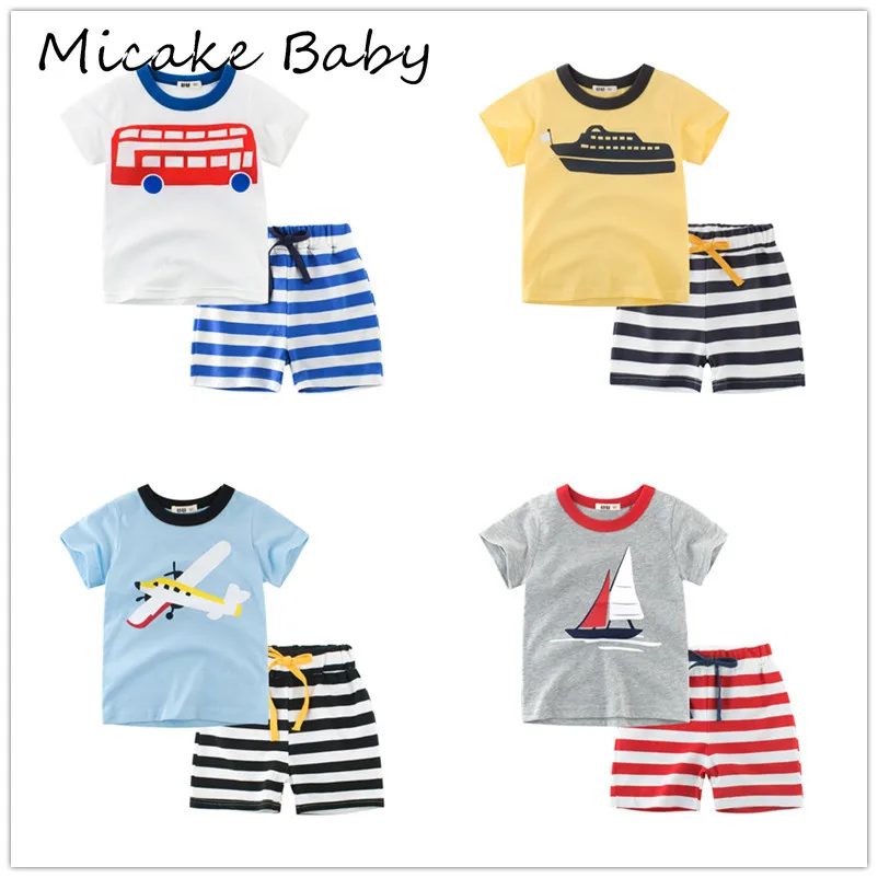 Kids Set Summer Leisure Two-piece Suit Sailboat Car Aircraft Boy Cartoon Pullover Short Sleeve Stripe Pants Children Sportswear | Детская