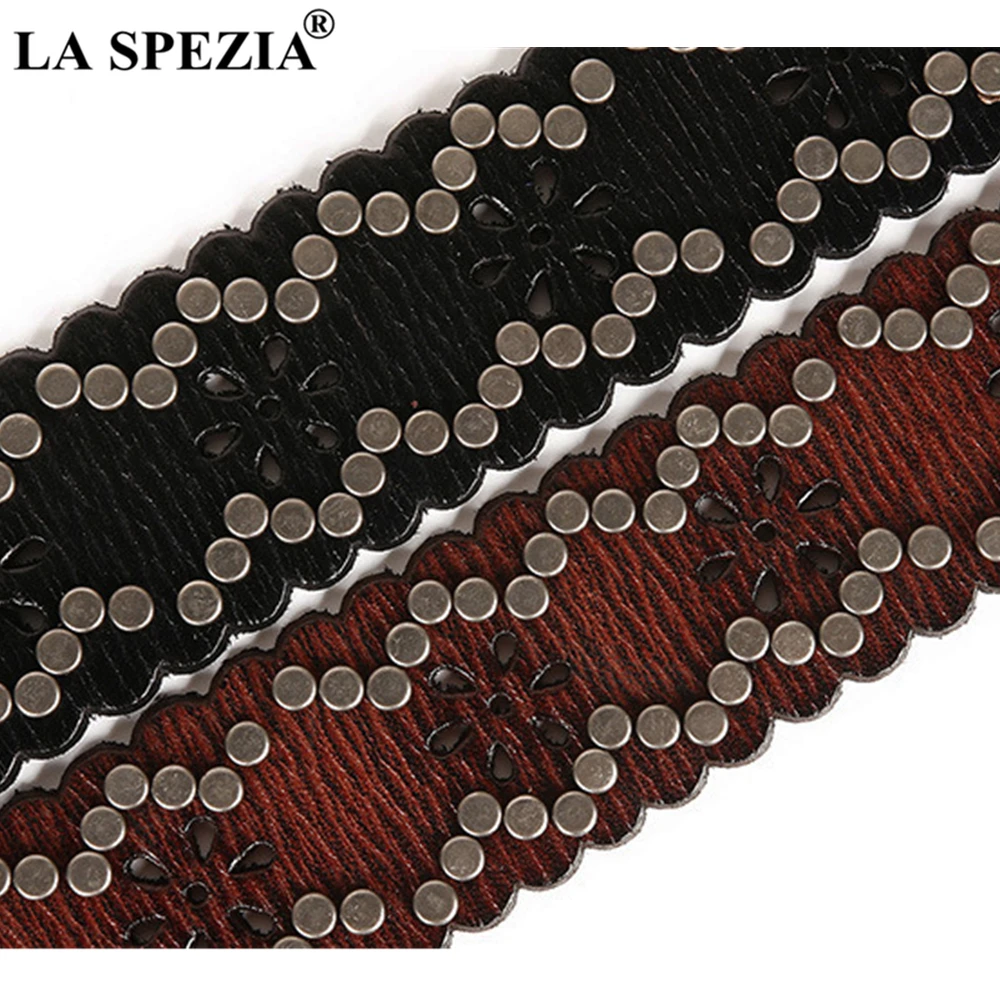 LA SPEZIA Rivet Belt Punk Real Leather Women Belt High Quality Buckle Black Coffee Hip Hop Ladies Rock Waist Belts 110cm 115cm
