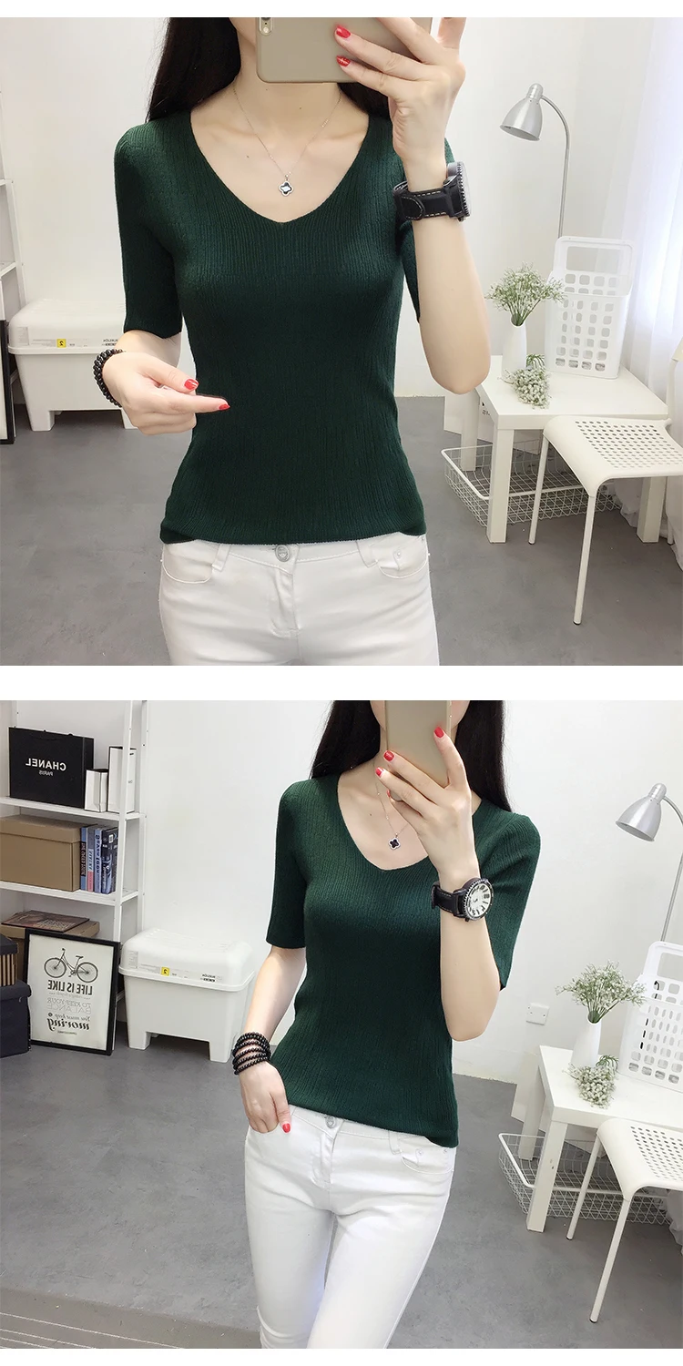 OHCLOTHINGnew style2019, короткий рукав, хлопок, круглый вырез, свитер, Женский рукав, голова, рукав, рубашка, пять, Одноцветный, плотный свитер, тонкий, ремонт