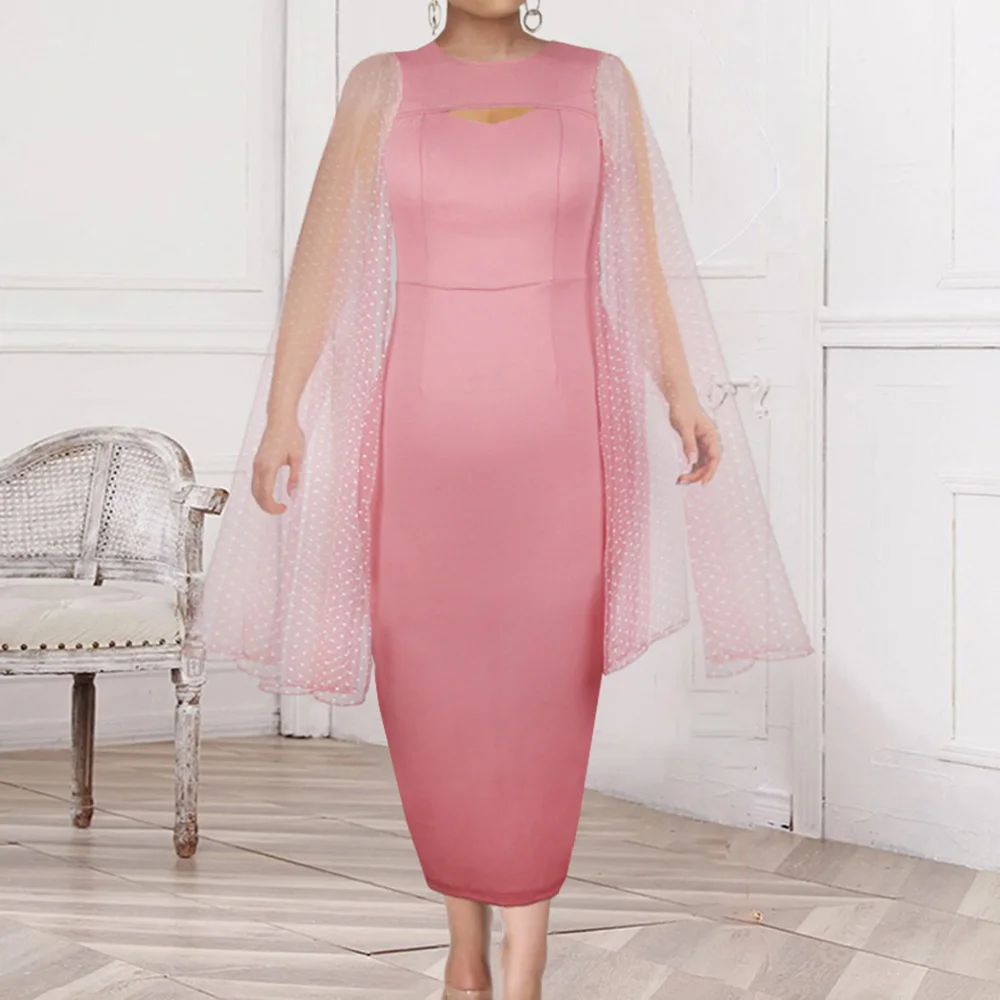 

Sexy Mesh Dot Flare X-Long Sleeve Women Dress Pink Hollow Out Bodycon Party Dresses Female High Waist Autumn Maxi Vestidos