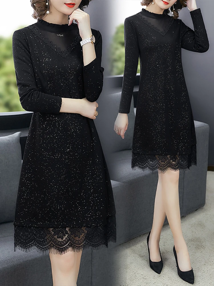 Винтажное кружевное черное платье KMETRAM женское весенне осеннее мини с длинным