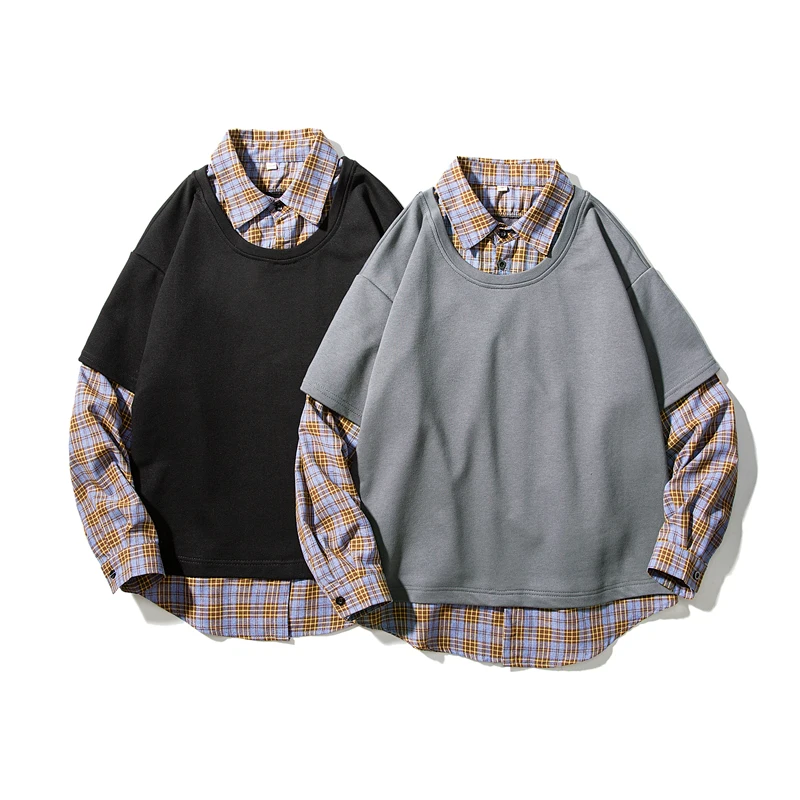 2021 Spring and Autumn High Quality Men's Plaid Patchwork Pullover Loose Long Sleeve Men's Sweaters Shirts