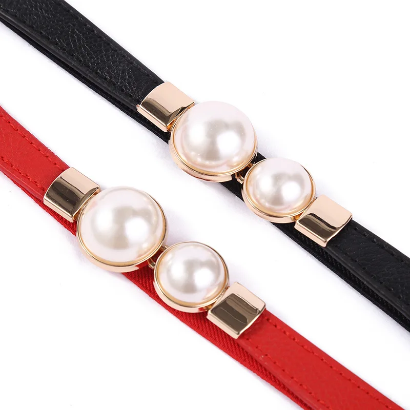 

5 Pcs Women Double Pearl Belt Female Black Red White PU Leather Dress Skirt Waist Elastic Thin Belts Ladies Designer Waistband