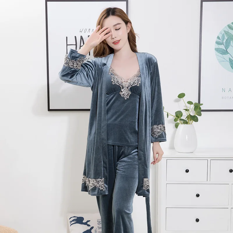 Комплект ночной рубашки и халата Женский однотонный кардиган с поясом бархатная