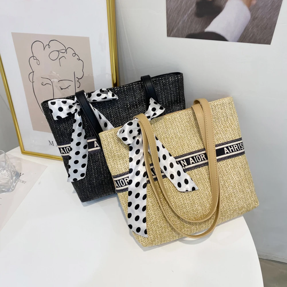 

Fashion Women Bag Woven PU Letters Silk Scarf Shopping Summer Vacation Handbags New Arrival Female Casual Shoulder Bags