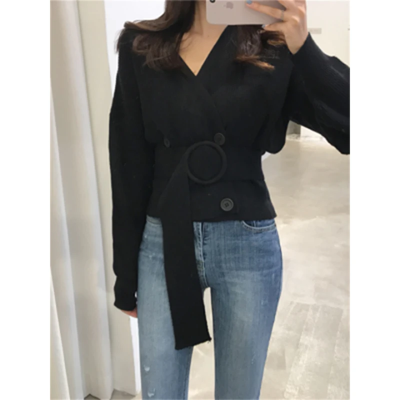 

2021 Autumn Winter Sexy V-neck Knitted Double Breasted Cardigan Women Long Sleeve Cropped Cardigans Female Solid Oversized