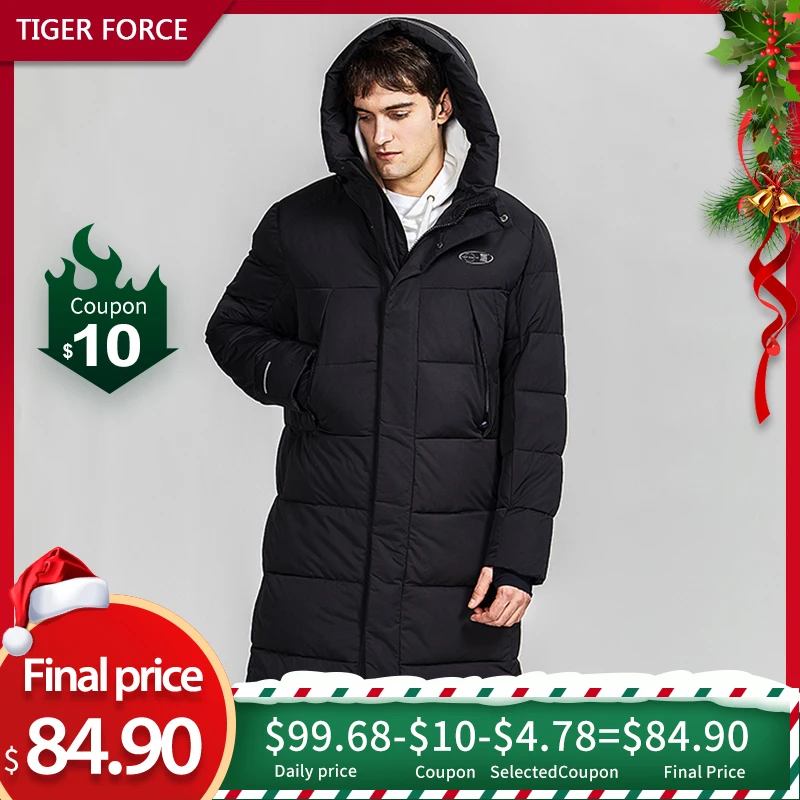 Tiger Force, зимняя куртка для мужчин, Длинные мужские куртки с капюшоном, пальто, теплая парка, пальто, черная пуховая верхняя одежда с большими карманами