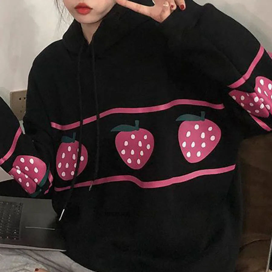 

Зимние флисовые толстовки с капюшоном, Размер 6XL, 150 кг, женские теплые толстовки, пуловер с принтом клубники, толстая свободная толстовка, ми...