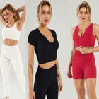 Бесшовный Женский комплект для йоги, тренировочные рубашки, спортивные штаны, бюстгальтер, одежда для тренажерного зала, короткий топ с высокой талией, леггинсы для бега, спортивный комплект