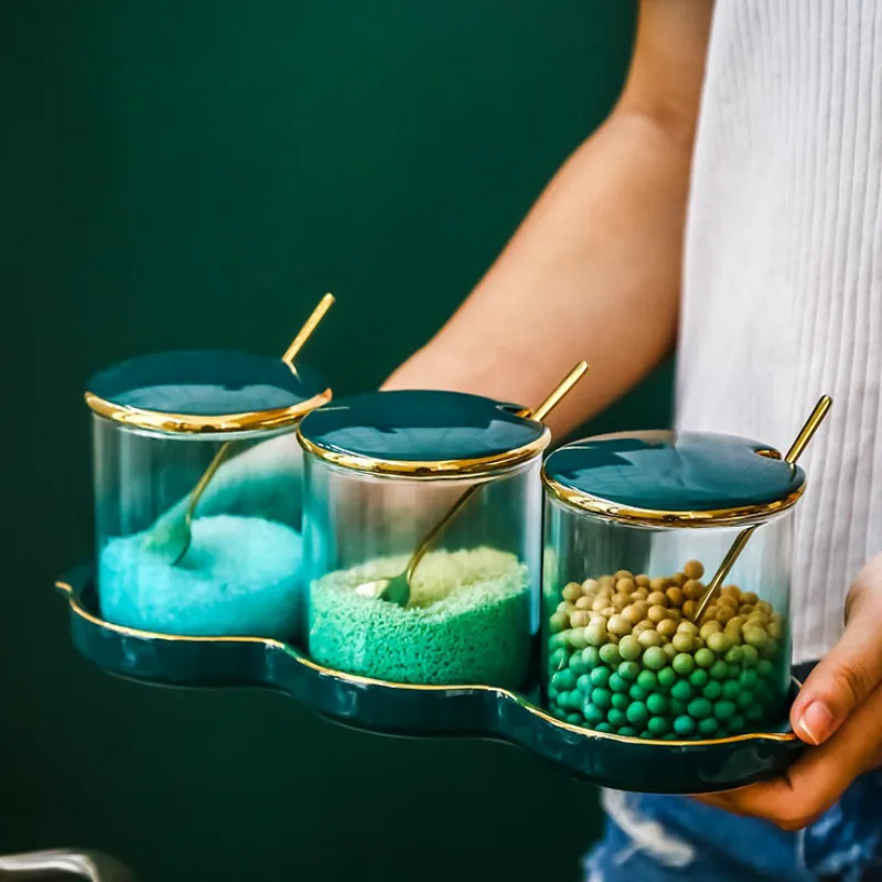 Скандинавский градиентный Изумрудный керамический сосуд для приправ с ложкой