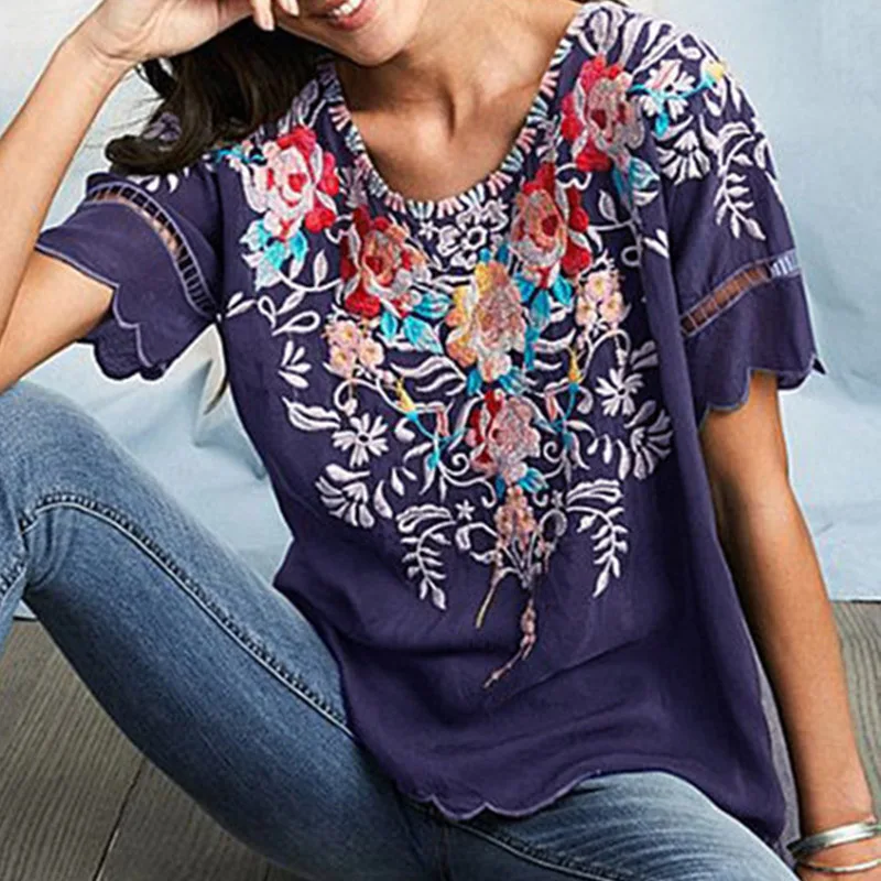 

2020 Summer Women's Embroidery Print Shirt Fashion Short Sleeve O Neck Casual Tops Floral Elegant LooseTop Blouse