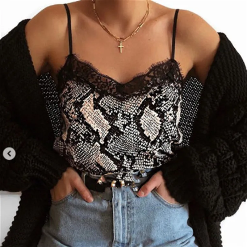 2019 New Hot Summer Women Lady Girl V-Neck Leopard Snake Print Camisole Loose Leisure Casual Fashion Vest Lace Strappy Cami Tops | Женская