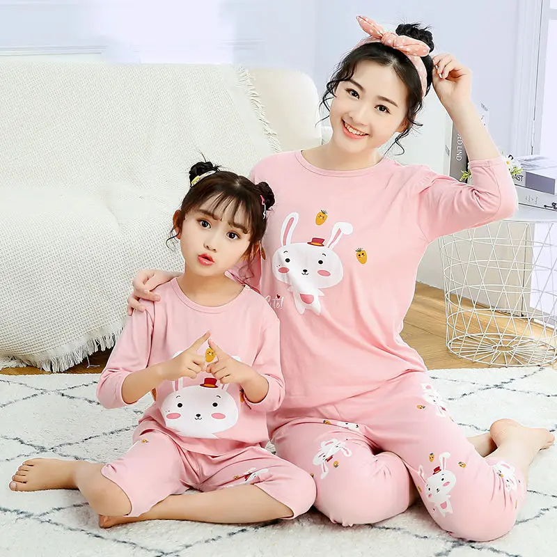 Conjuntos de pijamas a juego de algod&oacute;n de manga corta para madre, ni&ntilde;o y ni&ntilde;a, ropa de casa familiar de verano con arco&iacute;ris-0