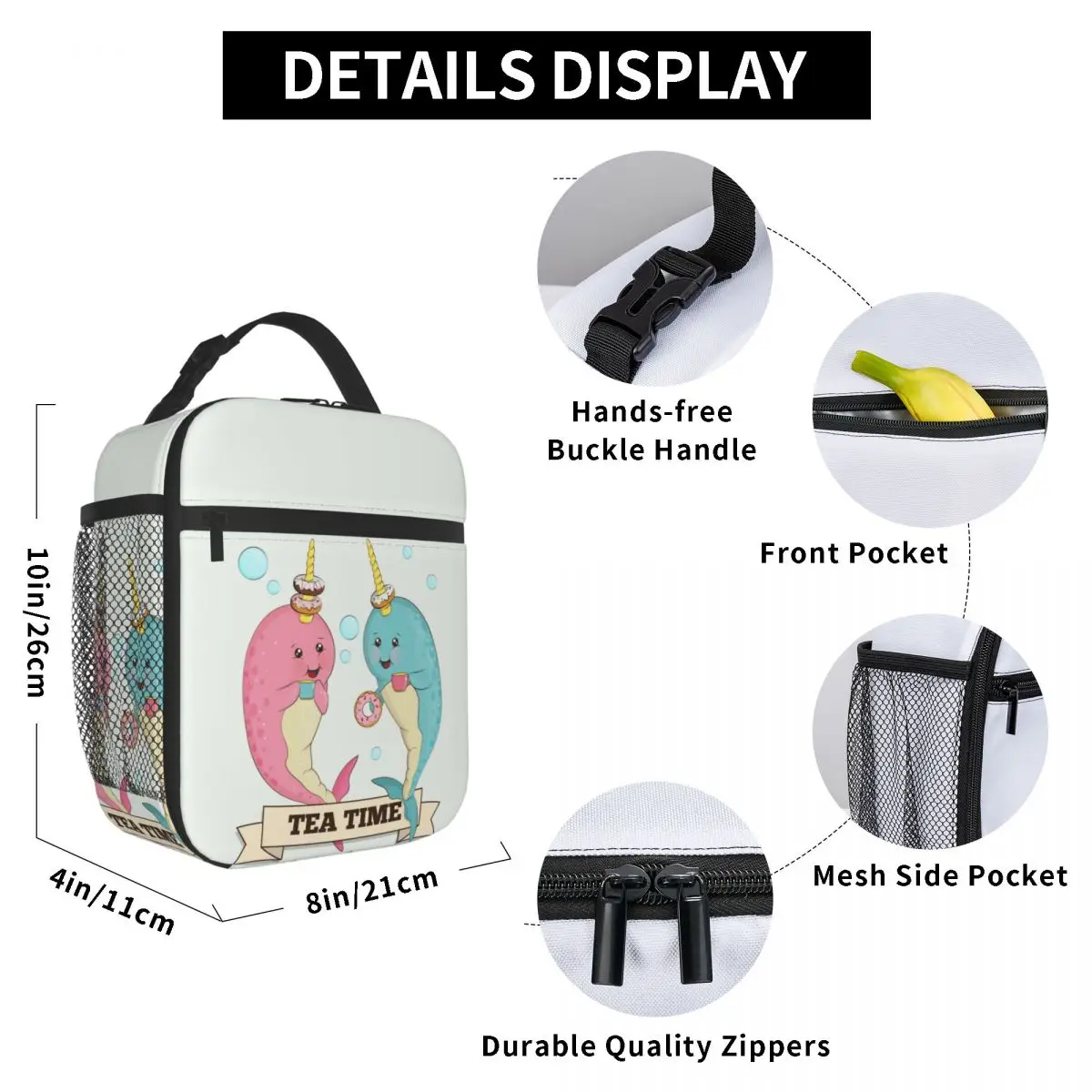 

Tea Drinking Whales Lunch Bag for Women Men Large Insulated Lunch Box with Water Bottle Holder and Pockets