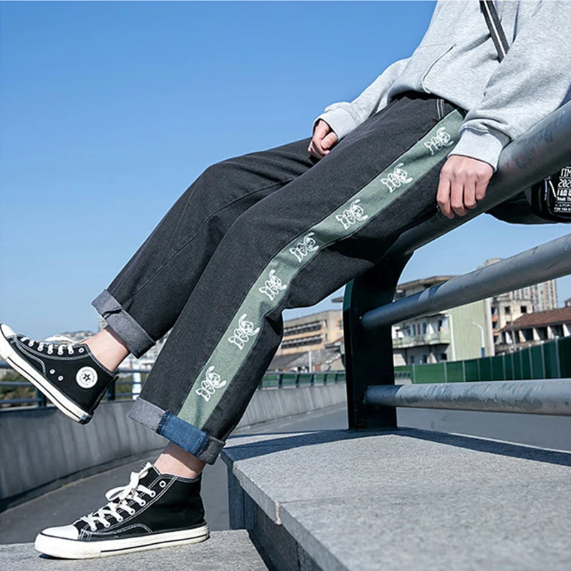 

Summer Men Mid-waist Jeans Mens Straight Wide Leg Pants Male Loose Patchwork Print Youthful Ankle Length Denim Pant Dropshipping