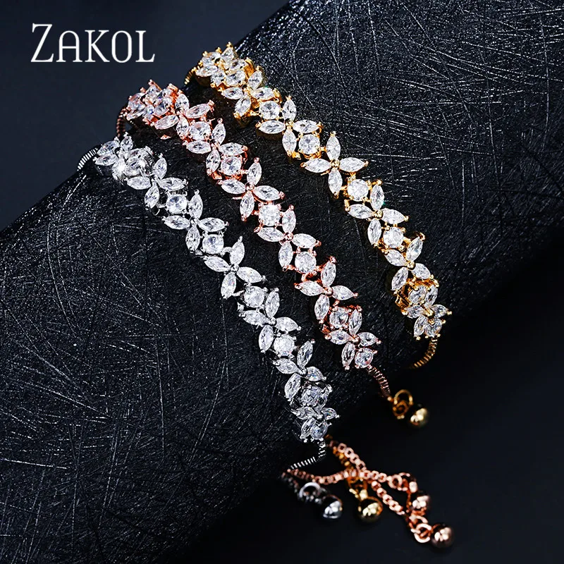 ZAKOL, Новое поступление, белый Фианит, циркон, камни, цветок, шарм, регулируемые браслеты для женщин, модные свадебные ювелирные изделия, FSBP2136