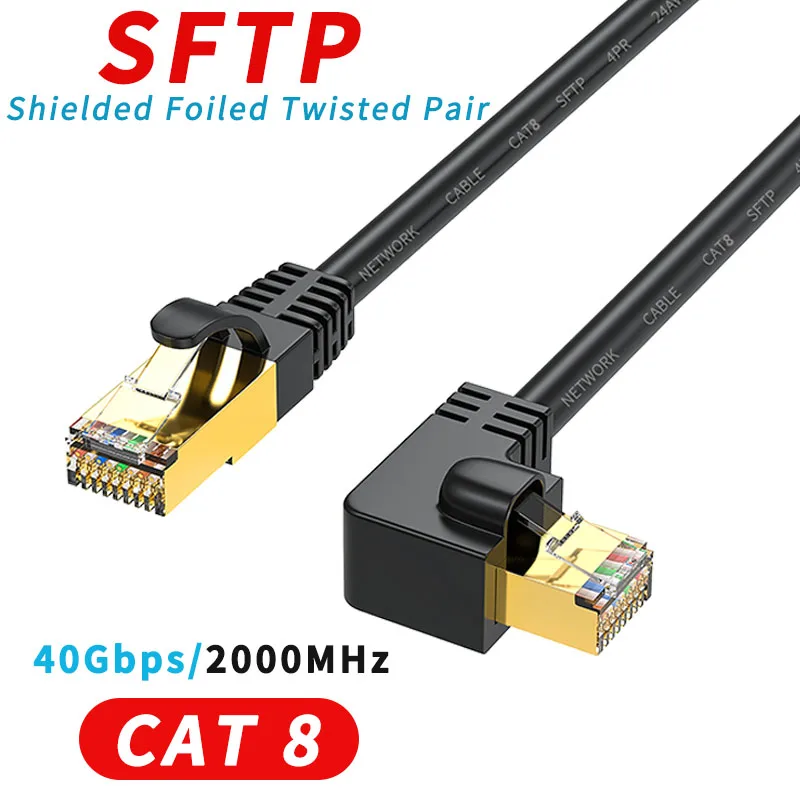 Cat8 Ethernet-кабель SFTP 40 Гбит/с 2000 МГц Cat 8 RJ45 сеть Lan 90 градусов вверх/вниз угол интернет