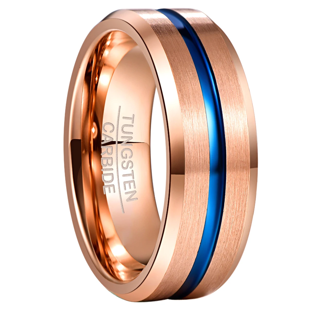 

NUNCAD 8mm Width Tungsten Carbide Ring Full Rose Gold + Blue Groove Angle Wedding Band Tungsten Steel Ring Men's Ring