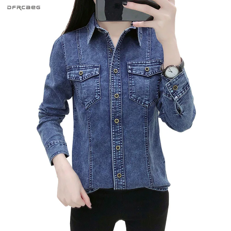 

Basic Vintage Women Denim Shirt Tops 2019 Spring Autumn Casual Long Sleeve Cotton Washed Blue Jeans Blouse Clothes Femme