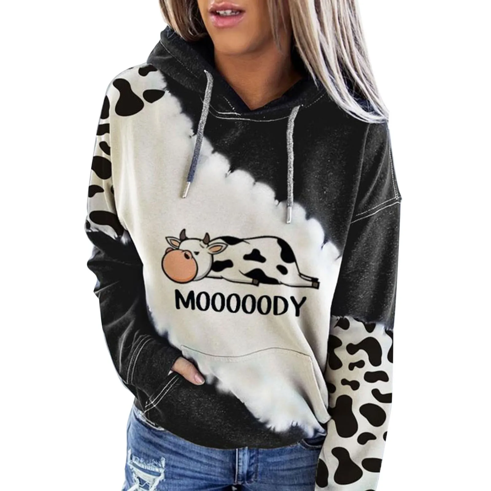 

Women's Cute Cow Prin Shirts Long Sleeve Round Neck Casual Hooded shirt Winter Clothes Women Streetwear Poleras shirt