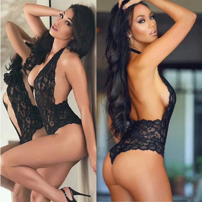 

Черное Кружевное Женское боди, с глубоким V-образным вырезом