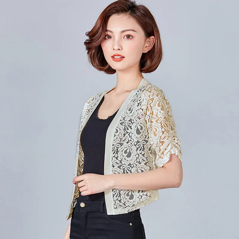 Белая кружевная блузка кардиган маленькая короткая летняя Классная рубашка с