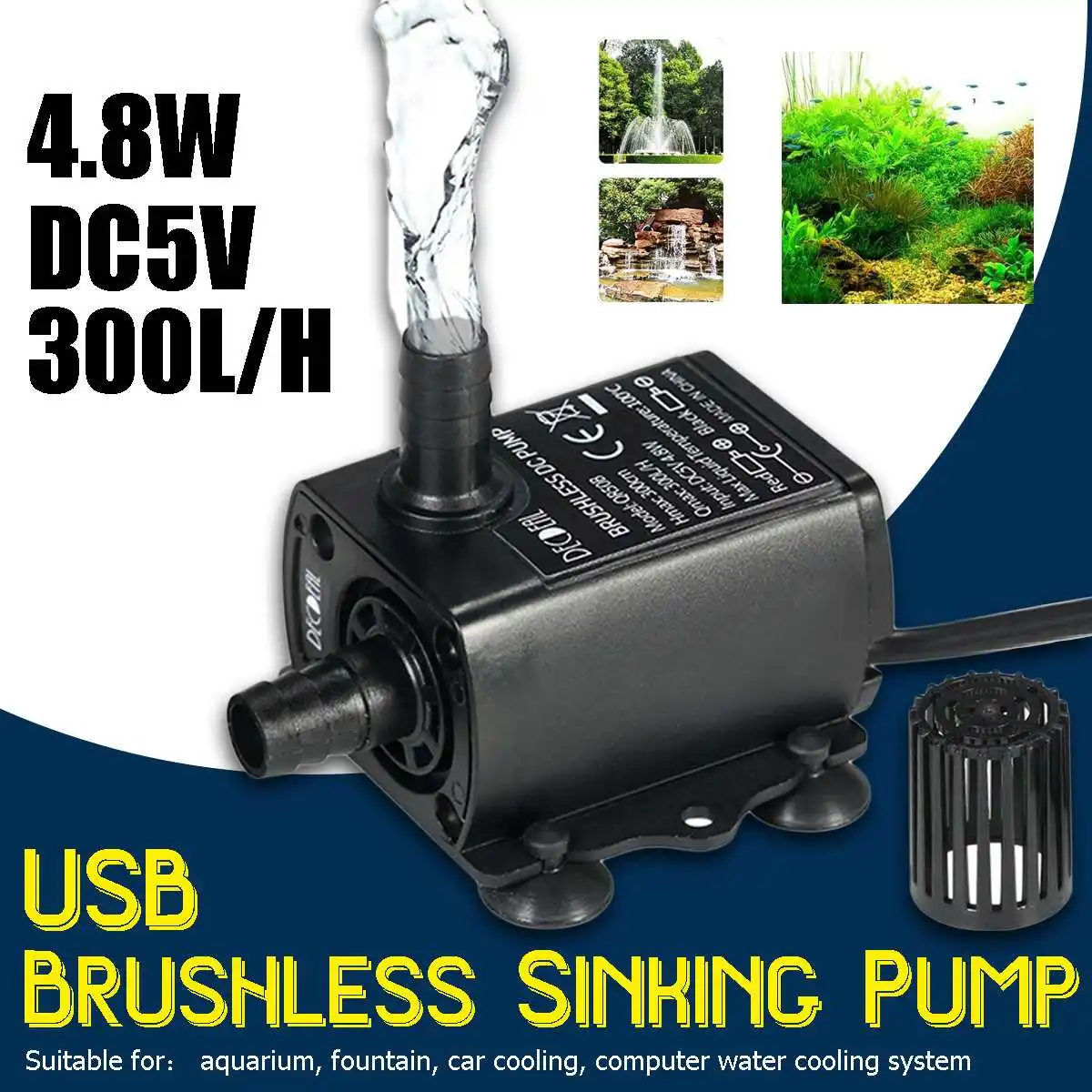 USB DC5V 4.8W Ultra-quiet Mini Brushless Water Pump Waterproof Submersible Fountain Aquarium Circulating 300L/H Lift 300cm
