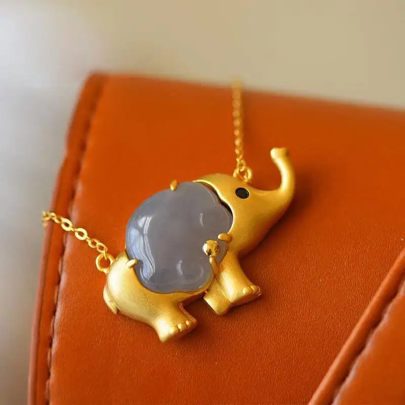 

Natural Hetian Jade Elephant Pendant Gray Jade Lucky Elephant Lock of Good Wishes Necklace S925 Sterling Silver Ethnic Style