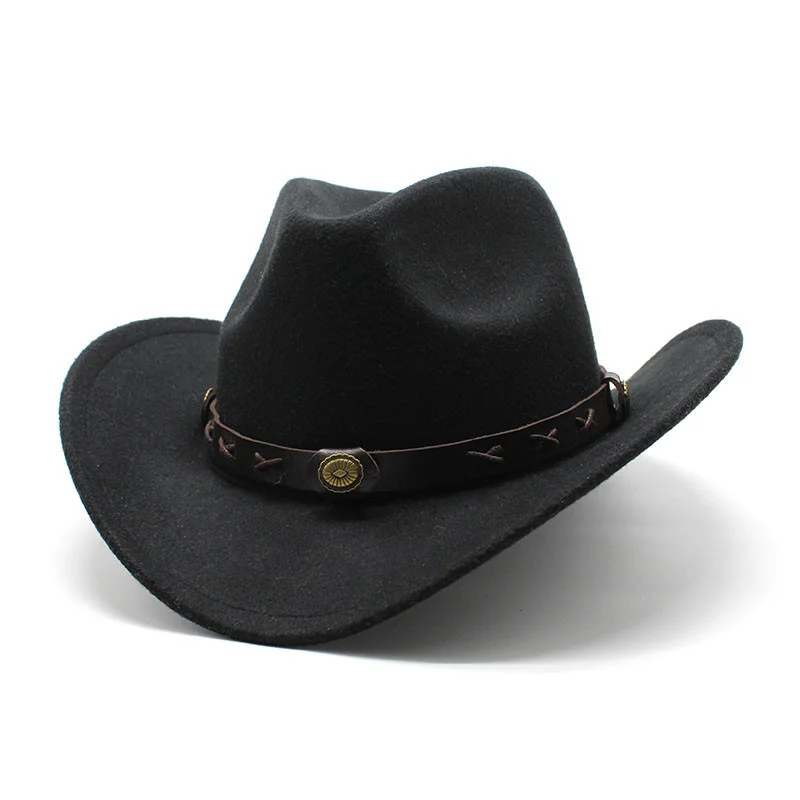 

PU Leather Band Felt Western Cowboy Hat Solid Imitation Wool Fedoras Tourist Cap Outdoor Jazz Caps Gorras
