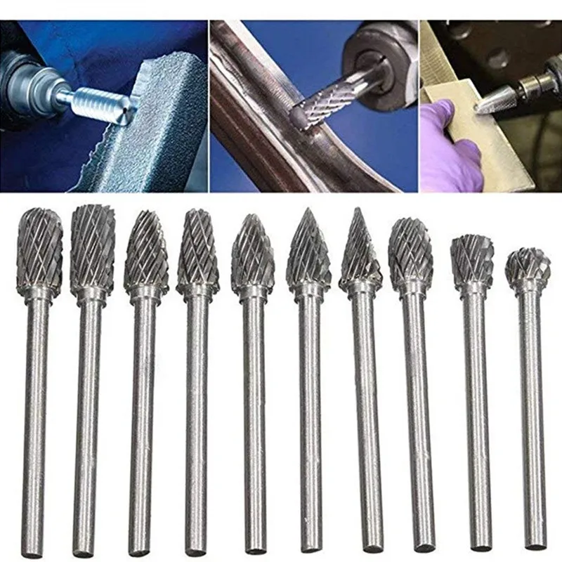 

10 PCS Tungsten Carbide Steel Burrs Rotary Files Drill Bits Woodworking Milling Cutter Carving Tools Engraving Set 3*6mm