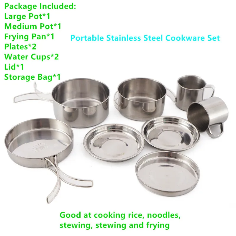 

Набор портативной посуды из нержавеющей стали, 8 шт., кастрюля, чашка, сковорода для кемпинга, барбекю, пеших прогулок, пикника, путешествий