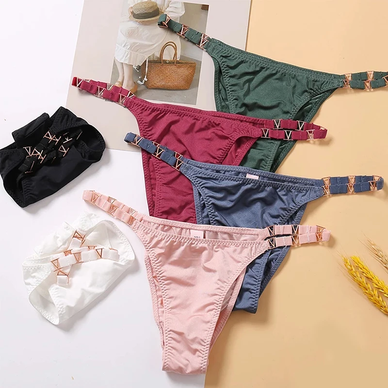 

Sexy Panties Women G-String Metal Buckle Waist Elastic T-back Female Thongs Women's Underwear Low Waist Briefs Bikini Size M-L