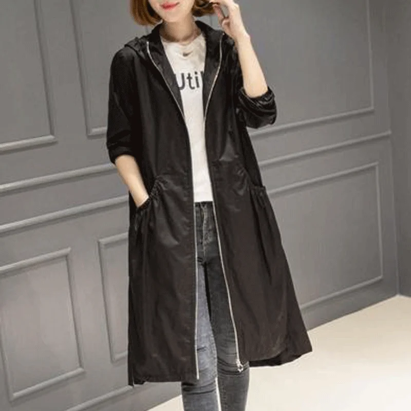 New Autumn Windbreaker Jacket Women Spring Thin Coat Korean Solid Casual Plus Size Coats 4XL Slim Black Hooded Long | Женская одежда