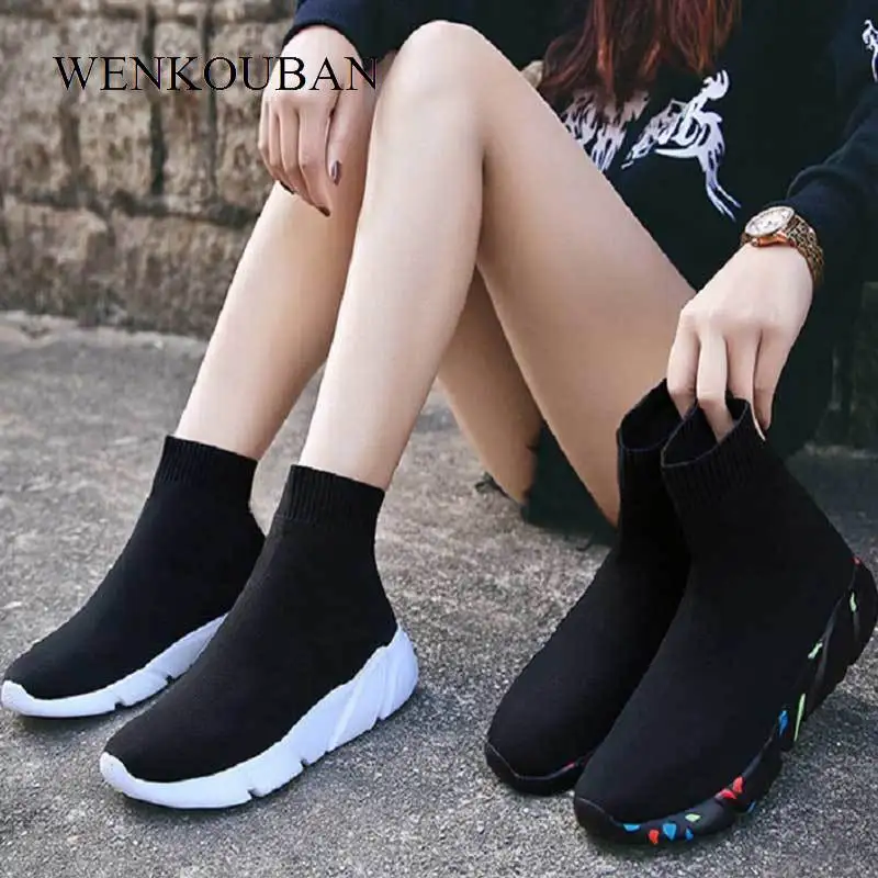 Высокие кроссовки Женские носки Вязаная Вулканизированная обувь слипоны на