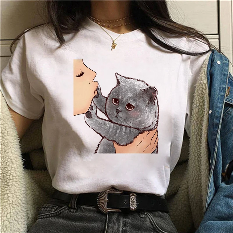

Harajuku Kiss Cats T Shirt Women Aesthetic shirt Ullzang Vintage 90s tshirt New Fashion Top Tees Female Tumblr Clothing Top tees